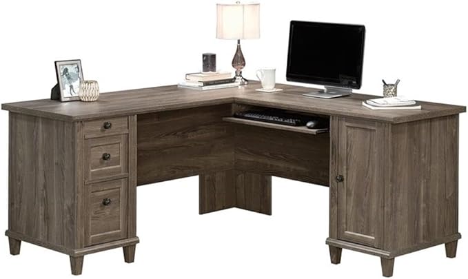 Pemberly Row L-Shaped Engineered Wood Computer Desk Emery Oak Finish 65 in x 65 in x 30 in Durable 1 in Thick Top Slide-Out Keyboard Shelf 3 Drawers Adjustable Shelf Home Office Desk