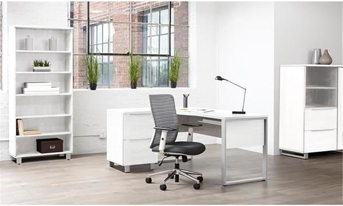 Pemberly Row Crescent Desk 35.43 W x 66.93 D Laminated White Finish Wood Laminate Surface Contemporary Style Magnetic Wire Management Durable Home Office Desk for Everyday Use