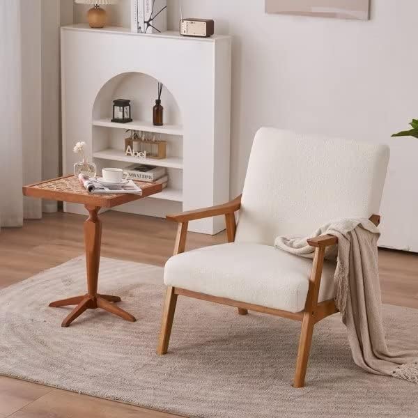 Modern Velvet Accent Chair Teddy Velvet Single Indoor Lounge Chair Comfty Sofa Armchair with Wood Legs and Backrest for Living Room Bedroom Compact Space Creamy White