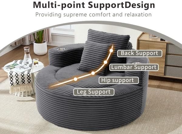 55 Oversized Round Boneless Couch Sofa Velvet Memory Foam Cloud Couches Lounge Chair Comfy Fluffy Single Sofa with 3 Pillows for Living Room Bedroom No Assembly Required (Grey +Velvet)