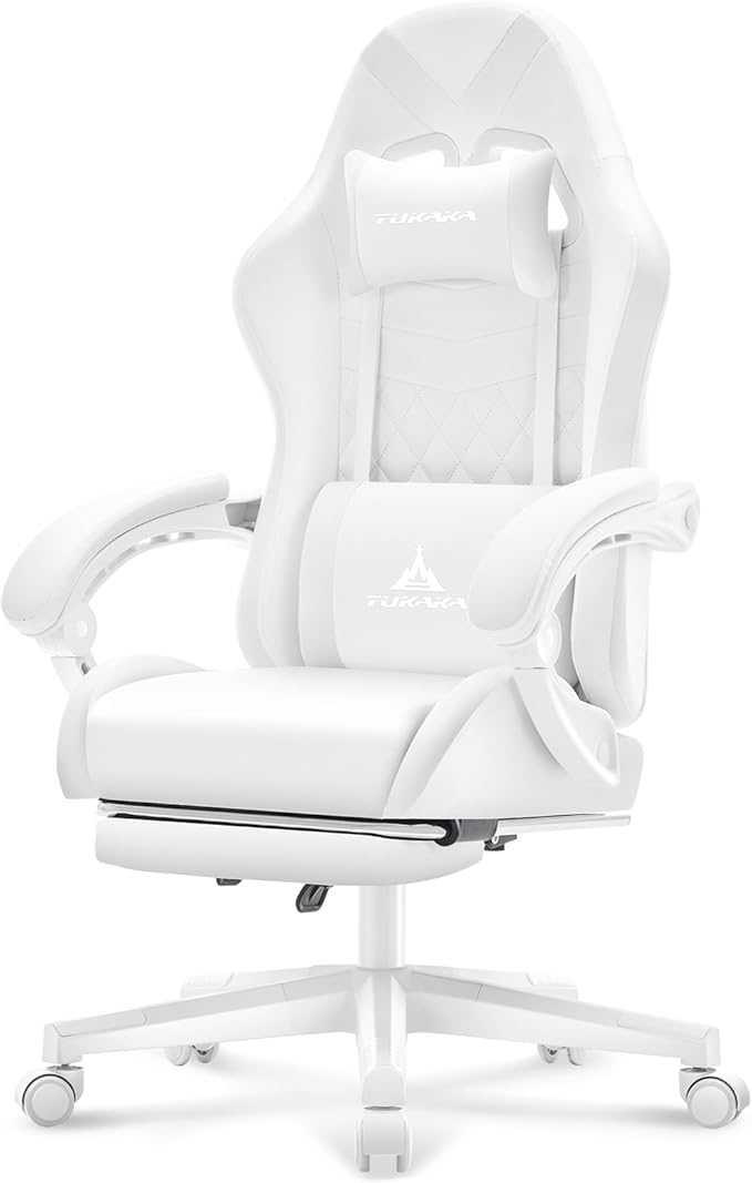 White Gaming ChairErgonomic Massage Computer Office Desk Chair with FootrestPocket Spring CushionReclining Leather Adjustable Gamer Chair with Headrest and Lumbar SupportWhite