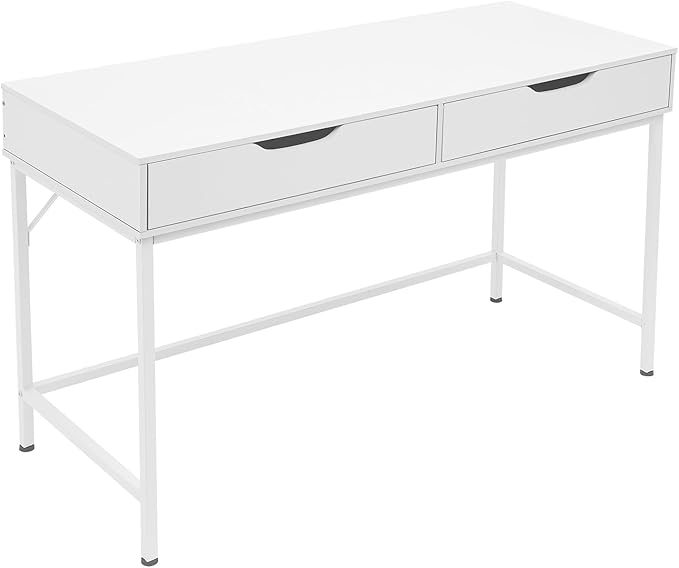 47in White Modern Desk with 2 Drawers Iron Frame 154lb Capacity Compact Writing Table for Home Office Study and Bedroom