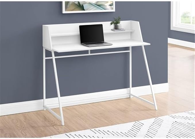Pemberly Row Computer Desk 48 in Home Office Laptop Table with Storage Shelves White Laminate Finish Metal Base with Trapezoid Legs Contemporary Style Compact Workspace