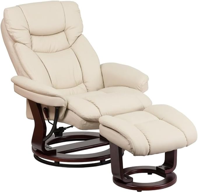 BOWERY HILL Contemporary Leather Swivel Recliner and Ottoman Beige LeatherSoft Upholstery Mahogany Wood Base Plush Foam Padding Adjustable Recline Living Room or Bedroom Chair Set