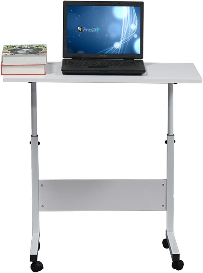 Mobile Height Adjustable Laptop Stand Computer Workstation for Sitting Classroom Medical Table w/Wheels Removable Steel Side Table with Baffle for Couch Home Office White L