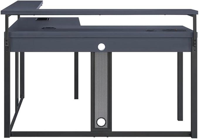 Pemberly Row L-Shape Gaming Desk 54x54x36 in Black Steel Metal Chevron PVC Finish RGB LED Lights Dual Monitor Shelves USB Charging Hub Headphone Hook Home Office or Gaming Desk