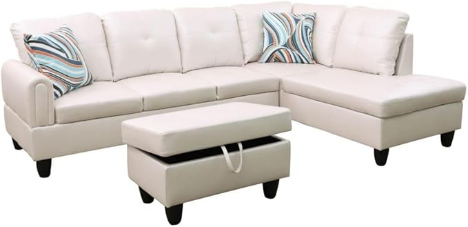 Pearl White L-Shaped 3-Piece Faux Leather Sofa with Storage Ottoman Set Sectional Couch Sofa Set for Living Room Office Small Space