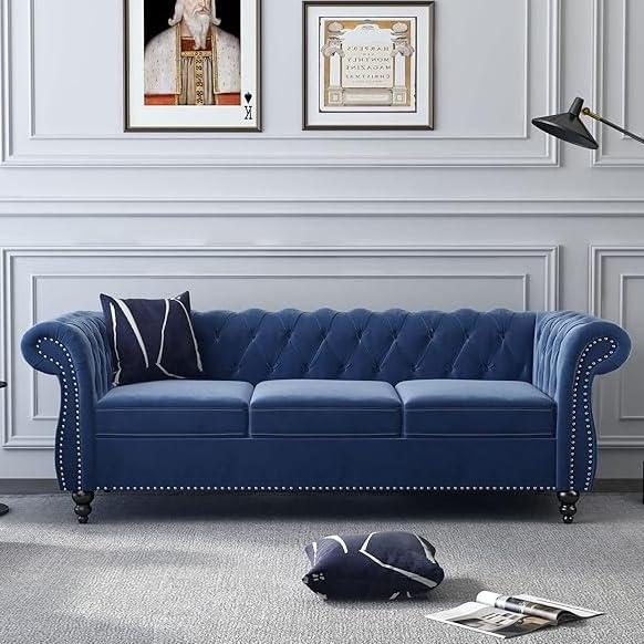 AVZEAR 3 seat Sofa Velvet Living Room Large Sofa Modern Chesterfield Fabric Modern 3 Seater Couch Furniture Classic Tufted Chesterfield Settee Sofa Blue