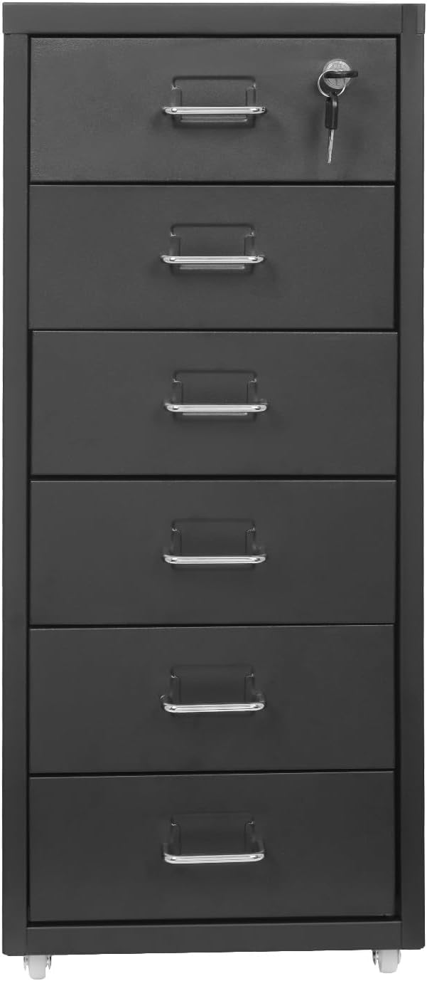 6 Drawer Filing Cabinets with Lock Metal Vertical File Storage CabinetMoblie Office File Cabinet with WheelsRolling Metal Filing Storage CabinetsLocking File Cabinet for for Home Office (Black)