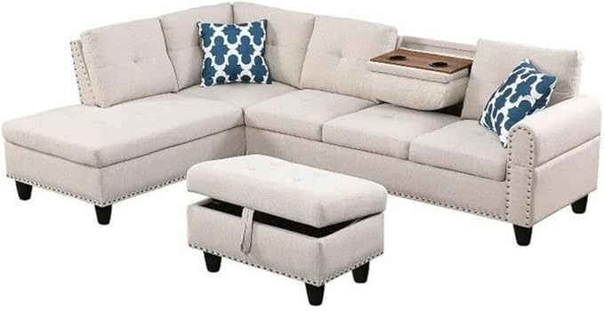 Devion Furniture Polyester Fabric Sectional Sofa with Lift-top Storage Ottoman Tufted Design in Beige Finish