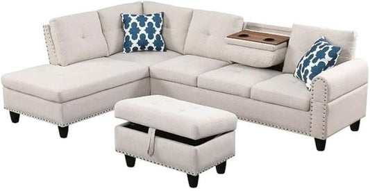 Devion Furniture Polyester Fabric Sectional Sofa with Lift-top Storage Ottoman Tufted Design in Beige Finish