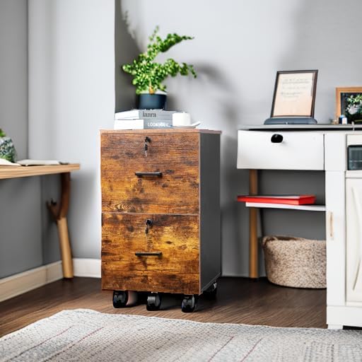 VINGLI 2-Drawer Small Rolling File Cabinet with Lock Wood Filing Cabinet for Hanging Letter Size Filings with Tabs Mobile Under Desk File Cabinets for Home Office Rustic Brown 27.2 H