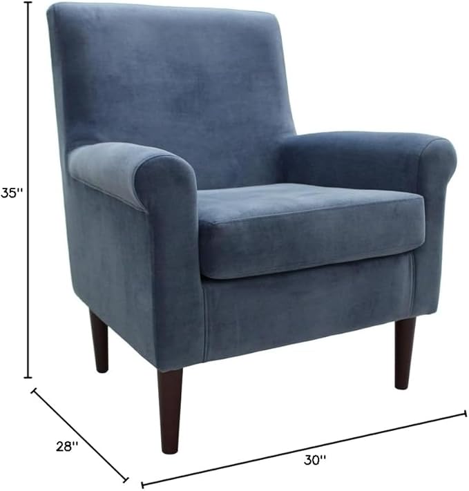 Pemberly Row Rolled Arm Lounge Chair 35 H x 28 W x 30 D Fabric Upholstery Blue Finish Contemporary Accent Chair for Living Room or Bedroom