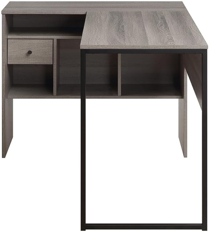 Pemberly Row Modern Lane L-Shape Desk Farm Oak Gray Finish Sturdy Metal Frame 55 W x 35 D x 30 H Accessory Drawer Adjustable Shelf Home Office Desk for Storage and Organization