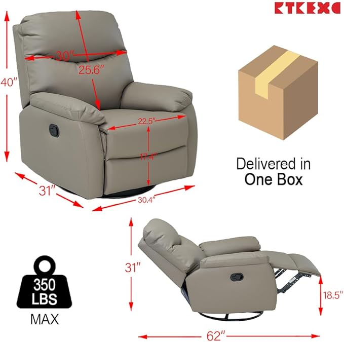 Recliner Sofa Rocking Chair Swivel Manual Adjustable 360 Degree Spinning with Ergonomics Lumbar Support Natural Leather for Home Theater Seating Living Room Bedroom Nursery Grey