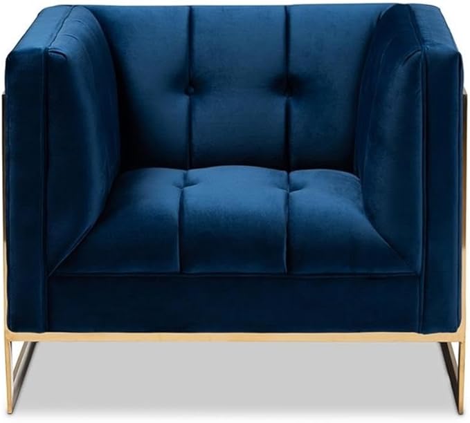 BOWERY HILL Velvet Accent Chair Royal Blue Upholstery Gold Finish Stainless Steel Frame Button Tufted Glam and Luxe Style Plywood Construction Fully Assembled 21.3 W Seat for Living Room and
