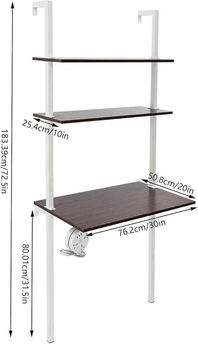 2-Shelf Industrial Wall Mount Ladder Wall Mount Computer or Writing Desk Computer Laptop Desk with Shelves Floating Desk with Storage Wall Table for Home Office White (20x30x72.5)