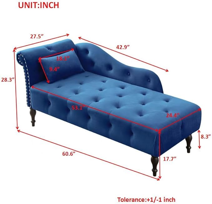 60 Modern Velvet Chaise Lounge IndoorUpholstered Lounge Chair with Left Armrest and Lumbar Pillow Button Tufted Lounge Sofa for Living Room Bedroom OfficeMini Chaise Longue Sofa (Blue)