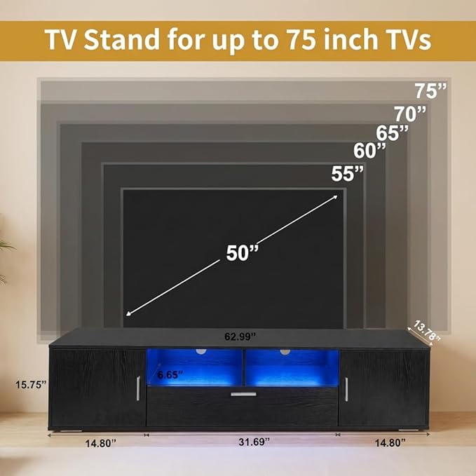 63 Inch Black TV Stand with 16-Color LED Lights Classic Modern Entertainment Center with Horizontal Drawer &amp Side Cabinets for TVs up to 75 Inches Wood Media Console