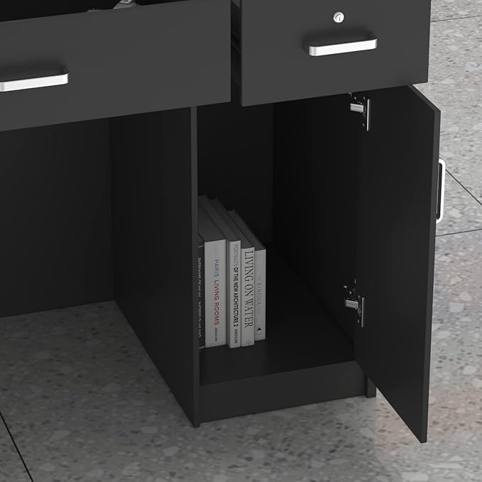 Homsee Modern Reception Desk with 3 Drawers 1 Door Storage Cabinet &amp Hutch Shelf Office Wooden Computer Desk Writing Study Table PC Laptop Desk Black (47.3 L x 18.3 W x 43.3 H)