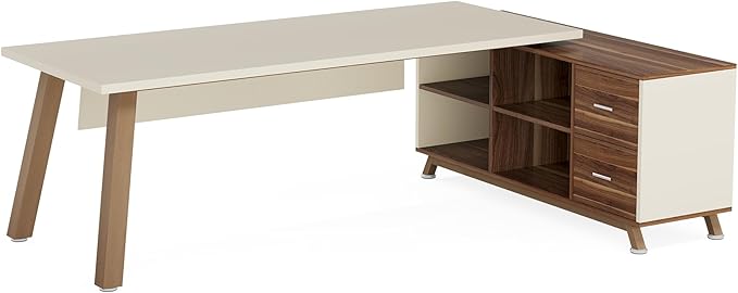 Tribesigns 78.7-Inch Executive Desk L-Shaped Desk with 55-Inch Cabinet Large Office Desk with Storage Shelves Modern Computer Desk for Home Office White &amp Walnut