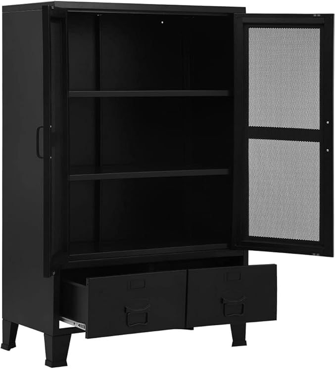 Industrial Steel File Cabinet with Mesh Doors 29.5x15.7x47.2 Black Office Storage Cabinet with 3 Compartments &amp 2 Drawers for Home Office Organization