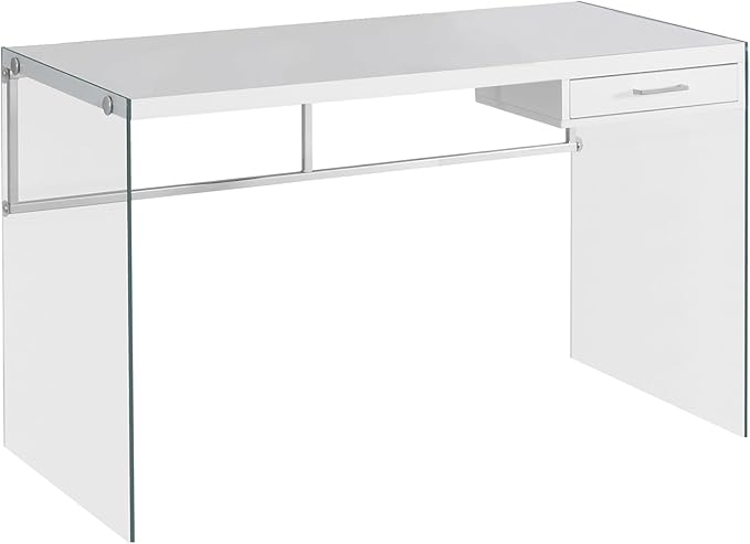 Penau Modern Computer Desk with Glass Frame 48 Inch Work Desk for Home Office Glossy White Laminate Storage Drawer Contemporary Style