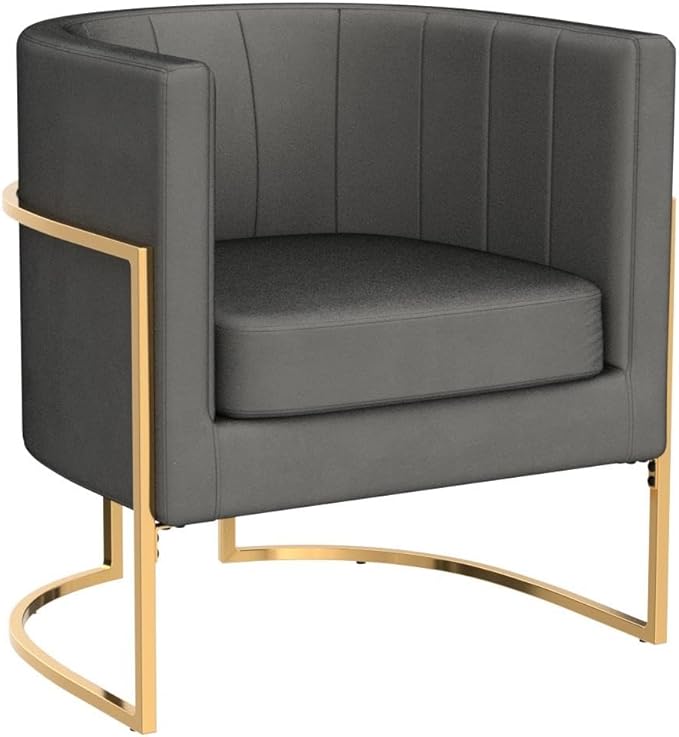 Velvet Modern Accent Chair Upholstered Barrel Armchair Mid Century with Pillow for Living Room Comfy Single Vanity Chair with Metal Gold Legs for Bedroom Grey