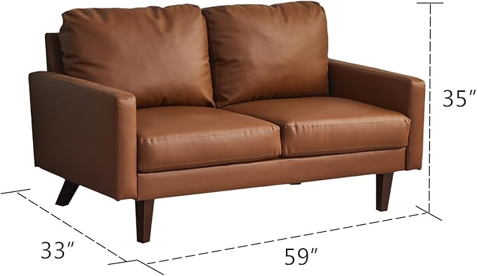 Faux Leather Loveseat Mid-Century Modern Sofa with Wooden Legs for Living Room Office-Brown