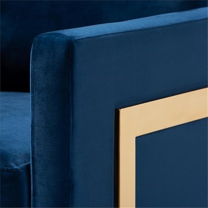 BOWERY HILL Velvet Accent Chair Royal Blue Upholstery Gold-Tone Stainless Steel Frame 34.3 H x 31.5 W x 33.9 D Removable Cushions Glam Modern Style Armchair for Living Room or Lounge Use