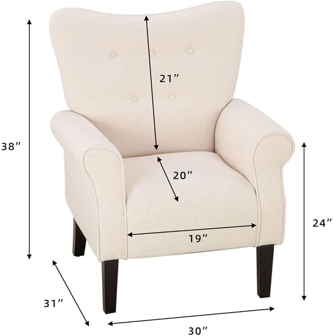 YOLENY Modern Accent ChairHigh Back ArmchairUpholstered Fabric Button Single Sofa with Wooden Legs for Living RoomBedroomClubBeige