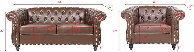 RARZOE 2 Pieces of Living Room Furniture Sofa SetsModern Contemporary Tufted Button Faux Leather Accent Club Chair&ampChesterfield Loveseat Sofas Set with Nailhead Trim Scroll Arms for HomeDark Bro