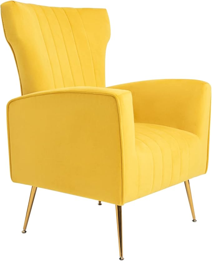 Generic Velvet Accent Chair Wingback Arm Chair with Gold Legs Upholstered Single Sofa for Living Room Bedroom Yellow