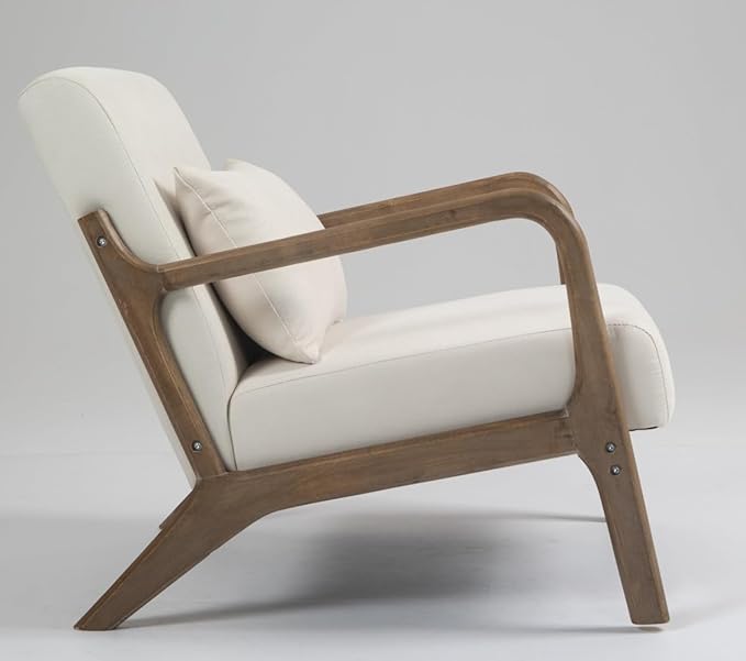 Mid Century Modern Accent Chair with Wood Frame Upholstered Living Room Chairs with Waist Cushion Reading Armchair for Bedroom Sunroom