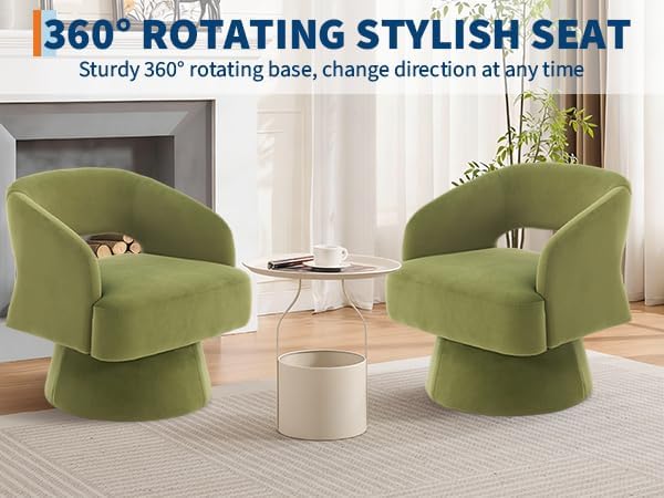 2Pcs Comfy Swivel Barrel Chair for Living Room - Modern Upholstered Accent Chair with Teddy Fleece Hollowed Back &amp 360° Swivel Base Small Round Chair for Bedroom Reading Nook Office Green