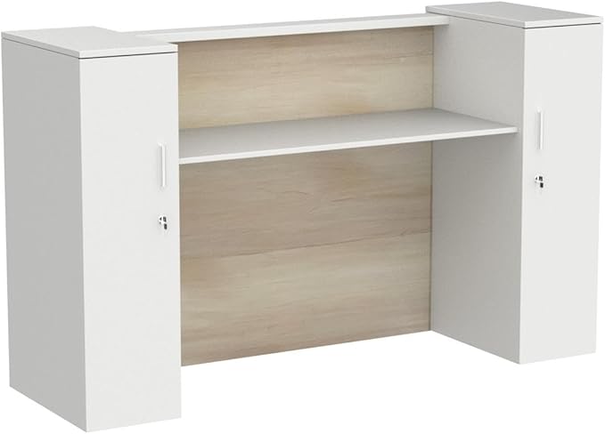 Homsee Modern Reception Desk Counter with 2 Lockable Doors &amp 6 Storage Compartments Office Wooden Computer Desk with 2 Cabinets &amp Adjustable Shelves White and Brown (70.9”L x 23.6”W x 43.3”H