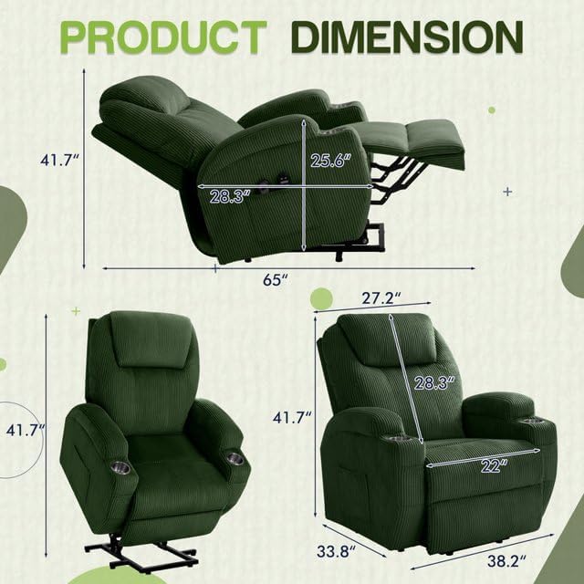 Furmax Electric Power Lift Recliner Chair with Massage for Elderly Corduroy Fabric Recliner Single Sofa with Cup Holders Side Pockets and Remote Control for Living Room Bedroom (Green)