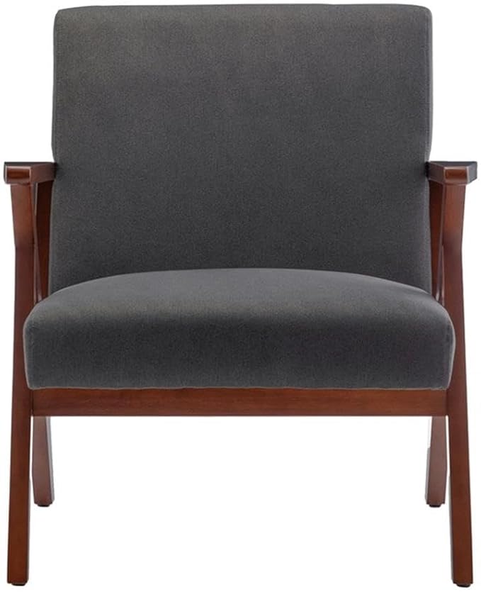 Pemberly Row Modern Accent Chair Gray Fabric Upholstery Solid Wood Z-Frame Espresso Finish Dense Foam Cushions Adjustable Feet 28.5 x 30 x 31.5 in Living Room or Bedroom Seating