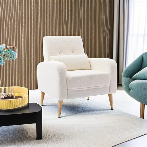 Dolonm Mid-Century Modern Accent Chair Upholstered Armchair Living Room Chair Comfy Single Sofa Chair with Sturdy Legs for Living Room Bedroom White