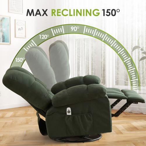 Oversized Recliner Chair for Adults w/ 8-Point 3D Kneading Massage and Lumbar Heating Swivel Rocker Recliner w/USB Charge Port for Living Room Ergonomic Lazy Boy Single Sofa Chair (Green)
