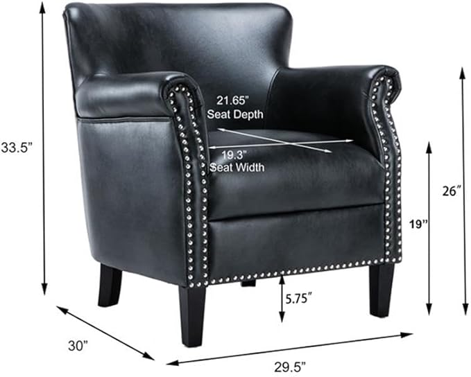 Pemberly Row Contemporary Accent Chair Charcoal Faux Leather Upholstery Sturdy Wood Frame Nailhead Trim Solid Wood Legs No Assembly Required Living Room or Office Club Chair