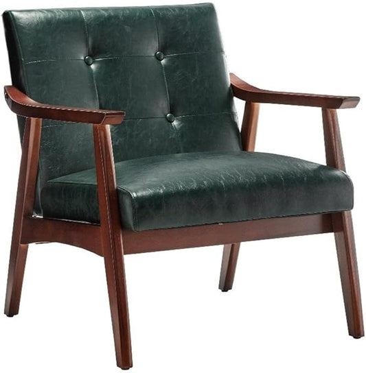 Pemberly Row Accent Chair 28.5 x 27.5 x 31 in Green Faux Leather Upholstery Solid Rubberwood Espresso Frame Button-Tufted Mid-Century Modern Seating for Living Room or Home Office
