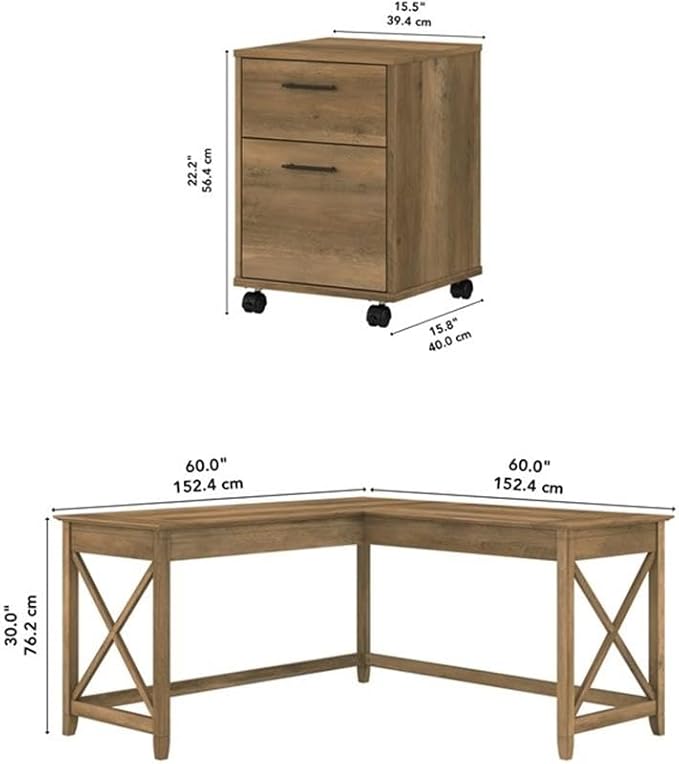Bush Furniture L Shaped Desk with Lateral File Cabinet | Key West Collection Corner Computer Table with Storage for Home Office with Filing Unit | 60Wx60Dx30H