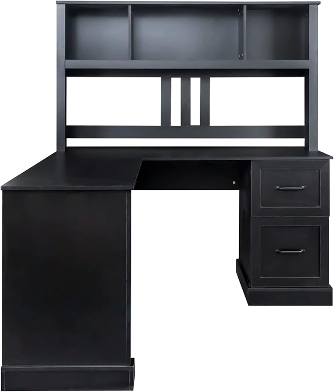 Harper &amp Bright Designs L Shaped Computer Desk with Hutch and Drawers Home Office Desk with Bookshelf Corner Desk Study Table Writing Desk with Storage Shelves Antiqued Black