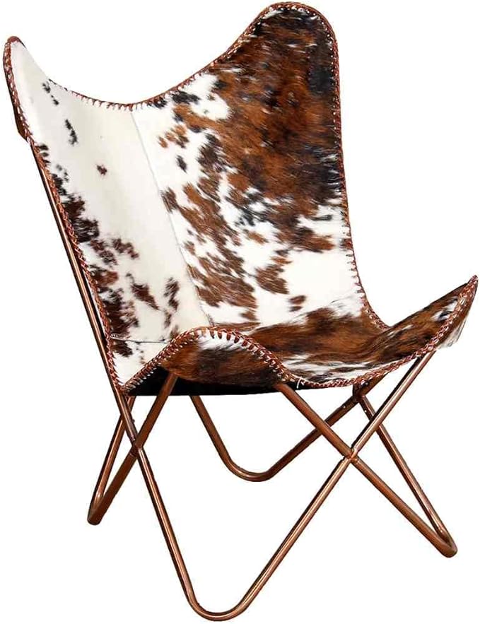 YAFF Brown &amp White Cowhide Leather Butterfly Chair – Ergonomic Comfort Iconic Style Lightweight &amp Durable Powder-Coated Iron Frame Perfect for Living Room Relaxation