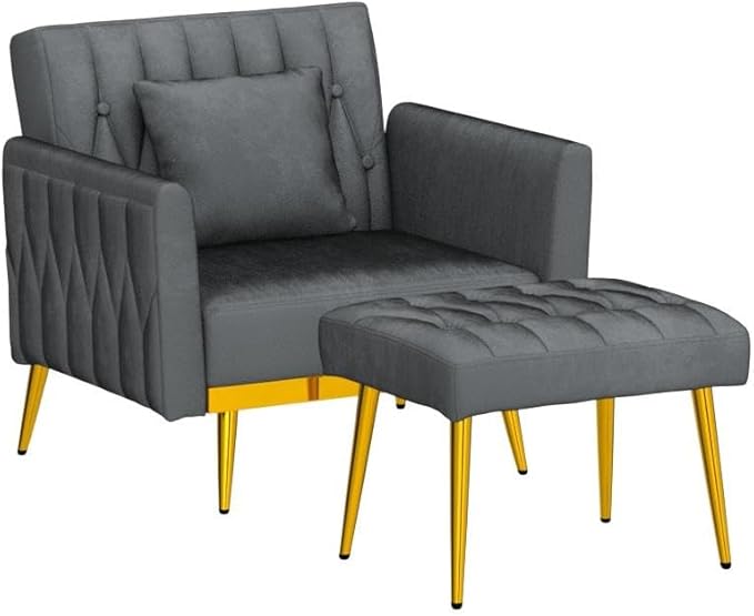 Velvet Accent Chair with Adjustable Armrests and Backrest Button Tufted Lounge Chair Single Recliner Armchair with Ottoman and Pillow for Living Room Bedroom Grey