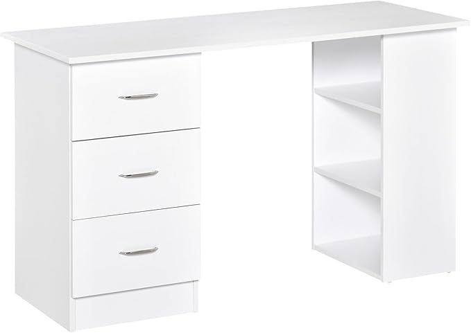 47 inches Modern Home Office Computer Desk Bookcase Combo Writing Table Workstation with 3 Drawer and Storage Shelf Modern Writing Desk Study Writing Table for Small Spaces White