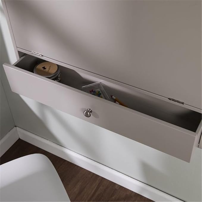 BOWERY HILL Modern Wooden Wall Mounted Laptop Desk Warm Gray Finish Engineered Wood Fold-Down Writing Surface Multiple Storage Compartments Corkboard Compact Design for Home Office or Kitchen