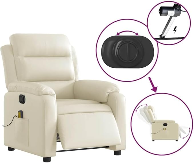 vidaXL Cream Faux Leather Electric Massage Recliner Chair - Vibrating 6-Point Massage Automated Reclining Padded Armchair for Living Room/Lounge