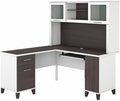 Pemberly Row 60W L Shaped Desk with Hutch White and Storm Gray Finish Engineered Wood Keyboard Tray Storage Cabinet File Drawer Adjustable Shelf Home Office Furniture